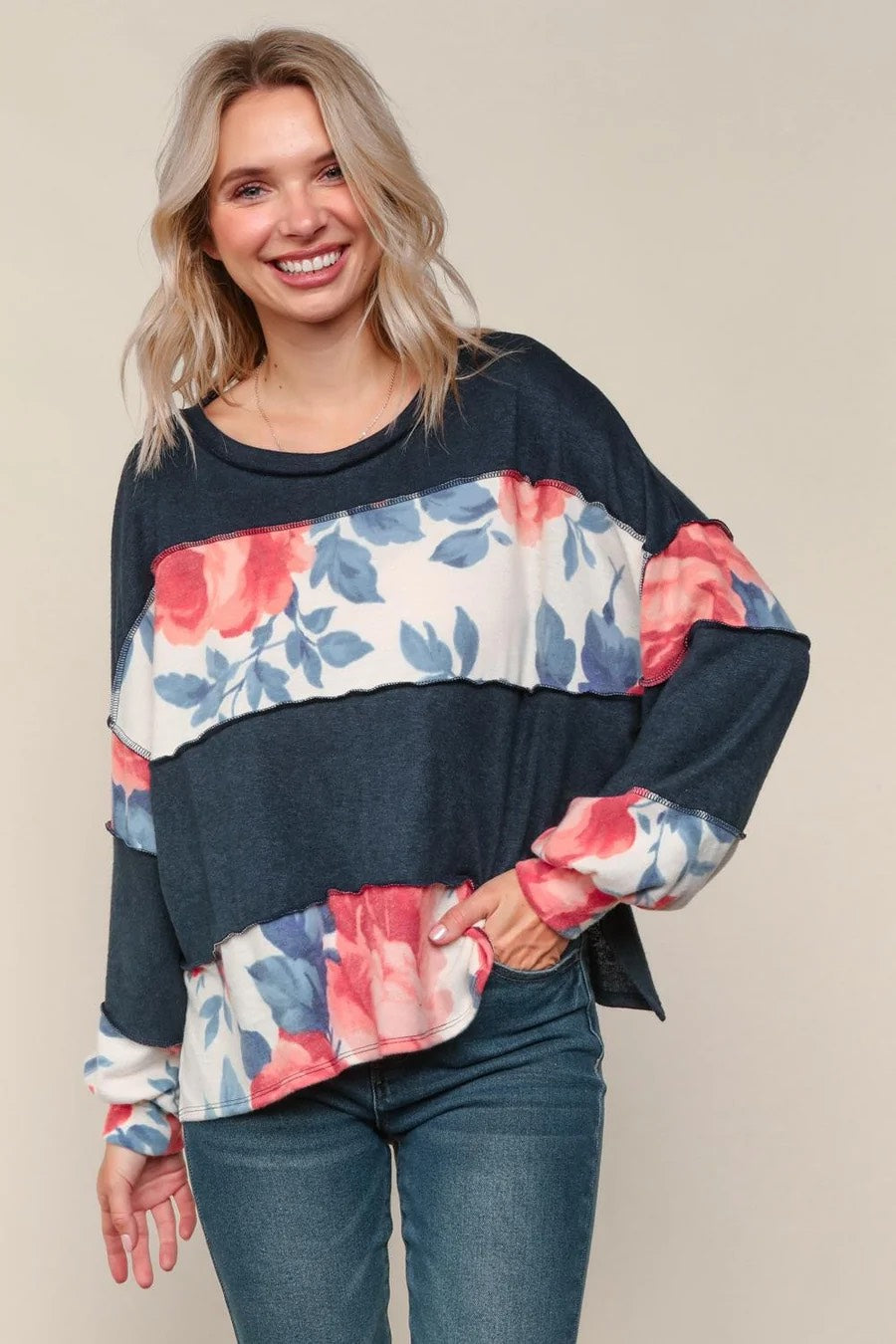 Navy ColorblockTop with Florla Contrast Panels - Plus Size