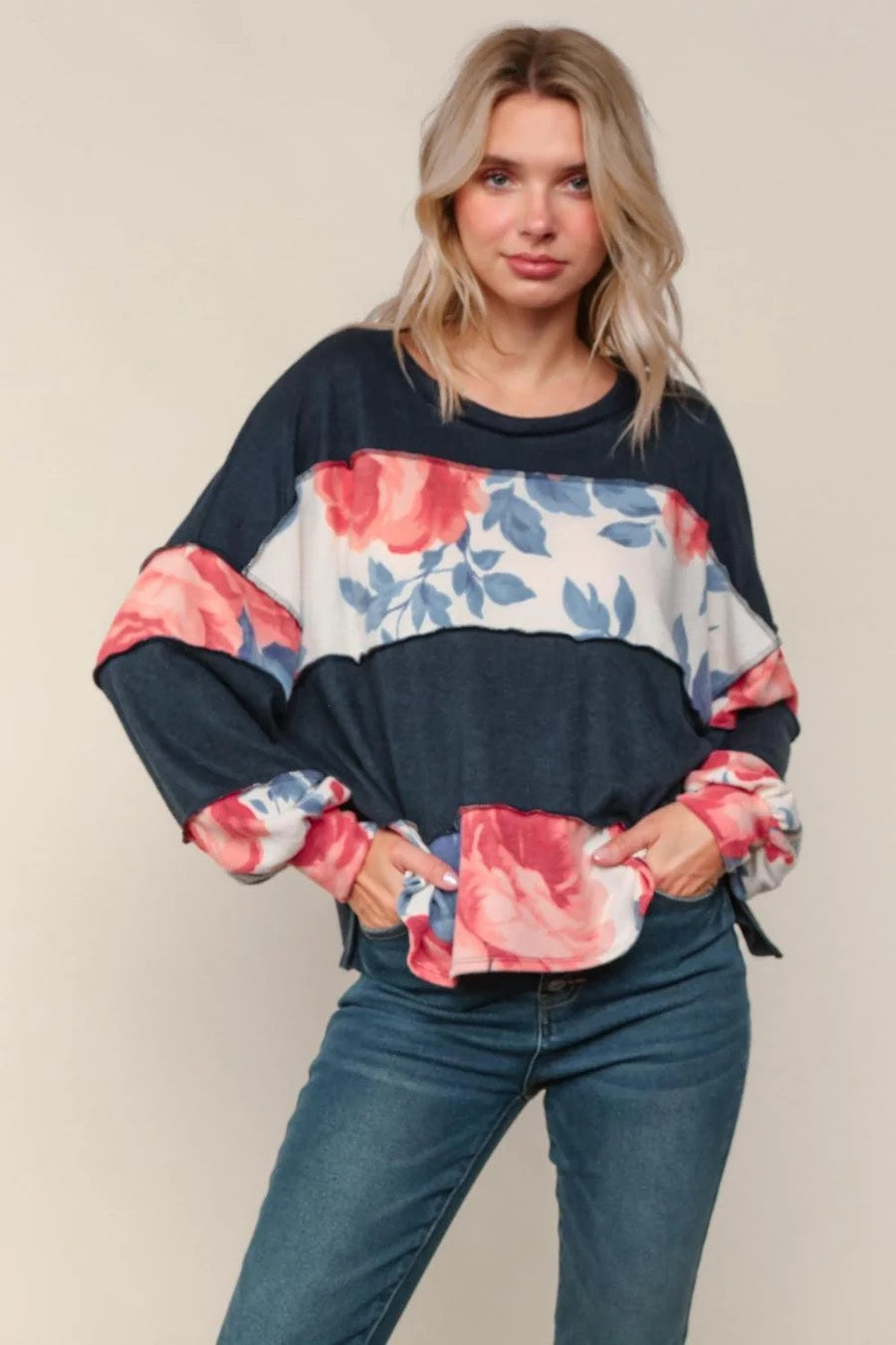 Navy ColorblockTop with Florla Contrast Panels - Plus Size