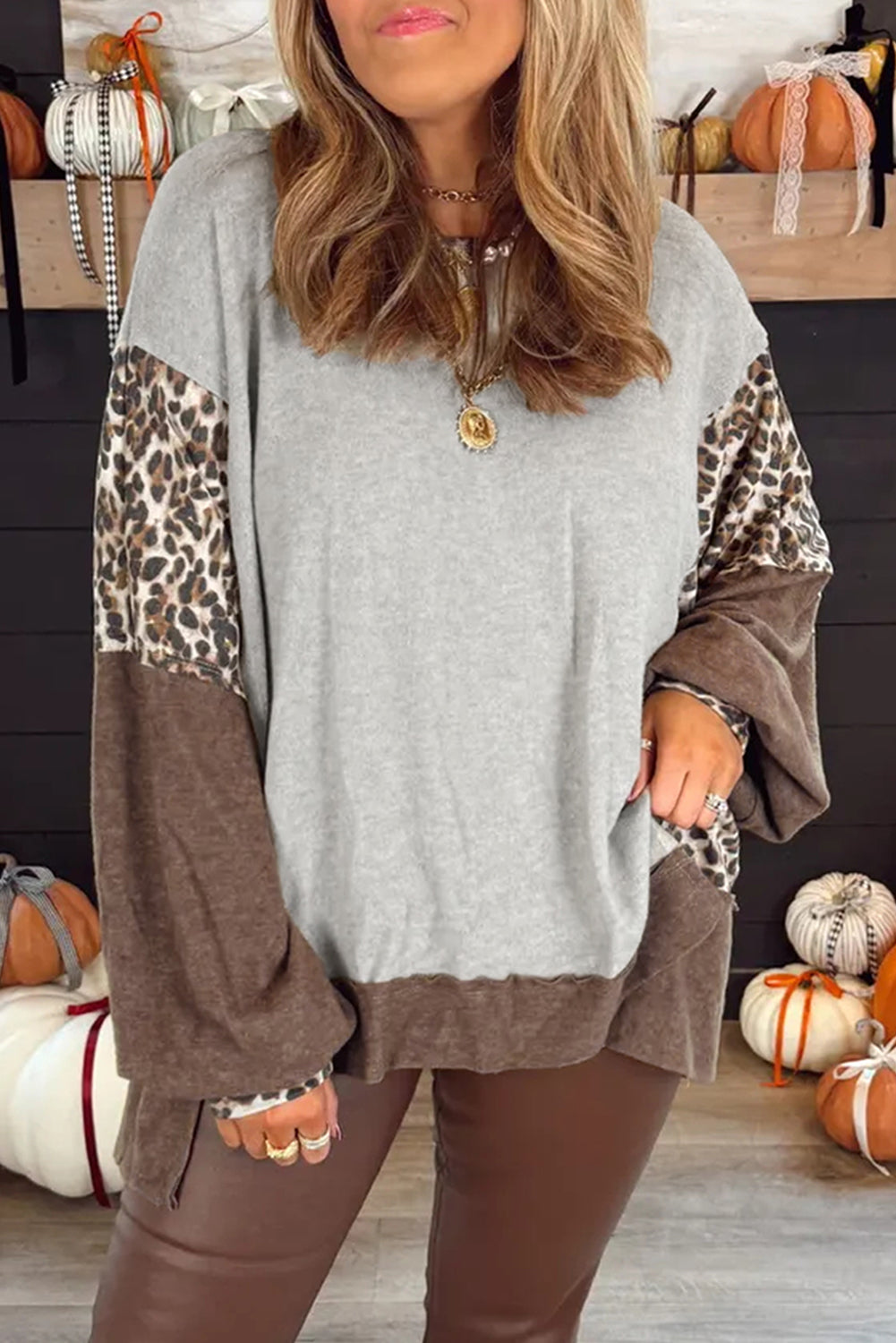 Grey Leopard Patchwork Dolman Sleeve High Low Baggy Top