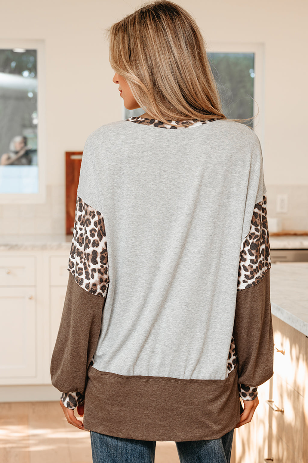 Grey Leopard Patchwork Dolman Sleeve High Low Baggy Top