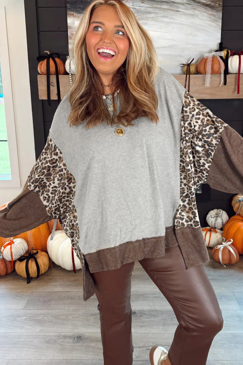Grey Leopard Patchwork Dolman Sleeve High Low Baggy Top