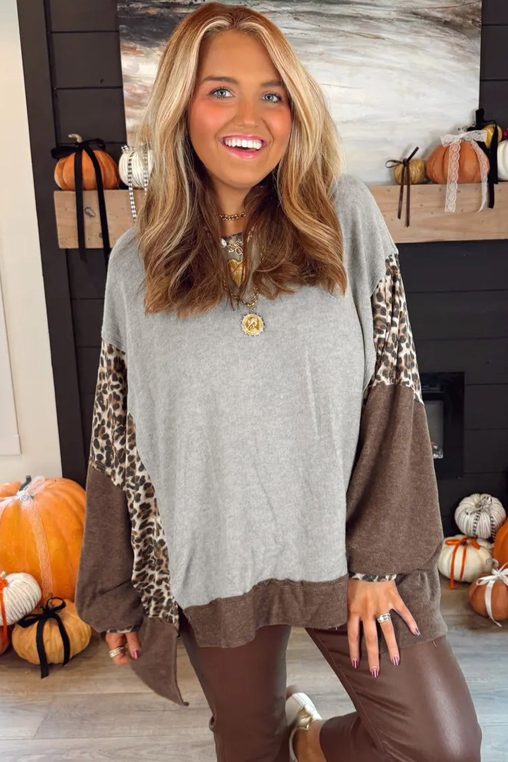 Grey Leopard Patchwork Dolman Sleeve High Low Baggy Top