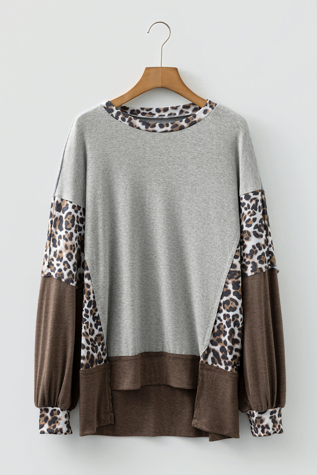 Grey Leopard Patchwork Dolman Sleeve High Low Baggy Top