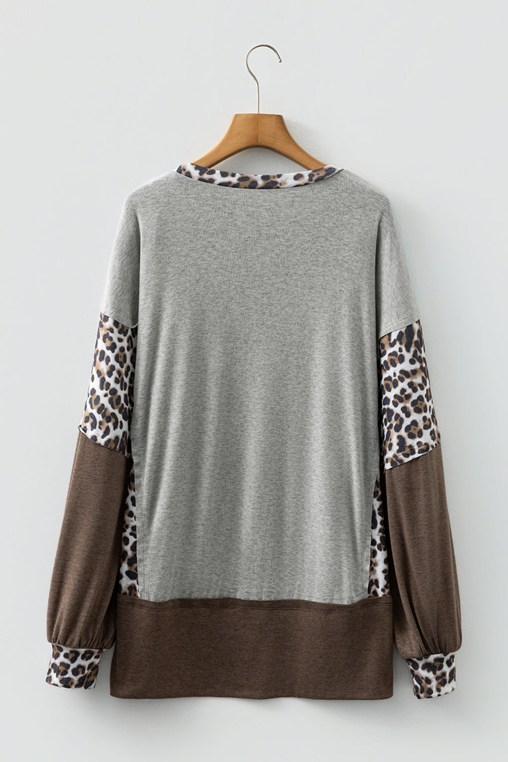 Grey Leopard Patchwork Dolman Sleeve High Low Baggy Top