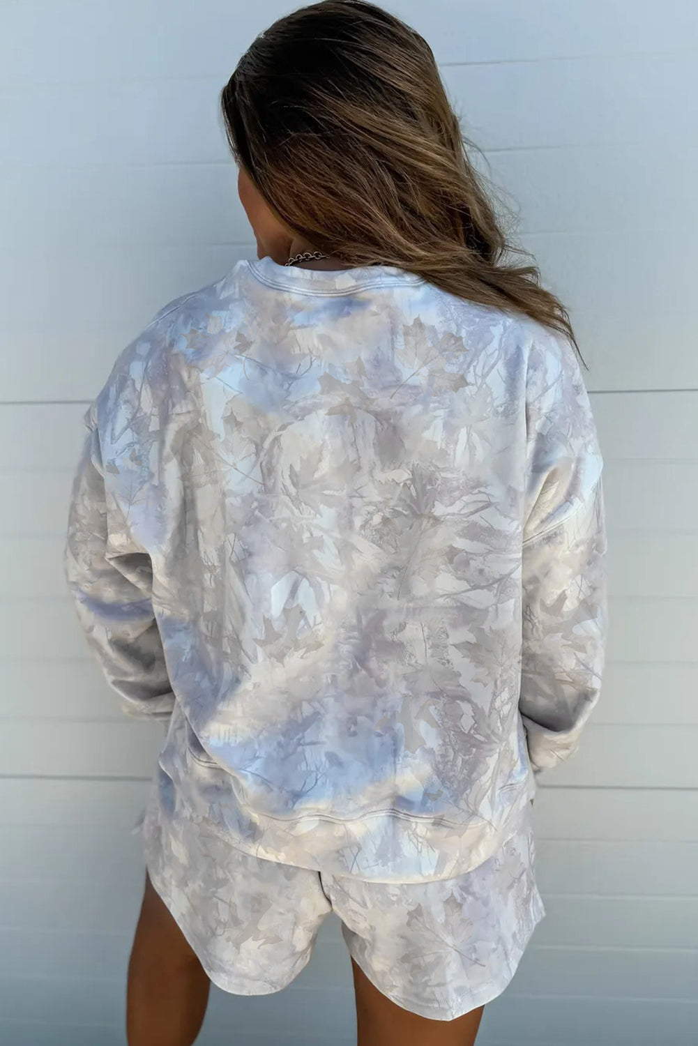 Beige Maple Camo Print Top and Elastic Casual Short Set