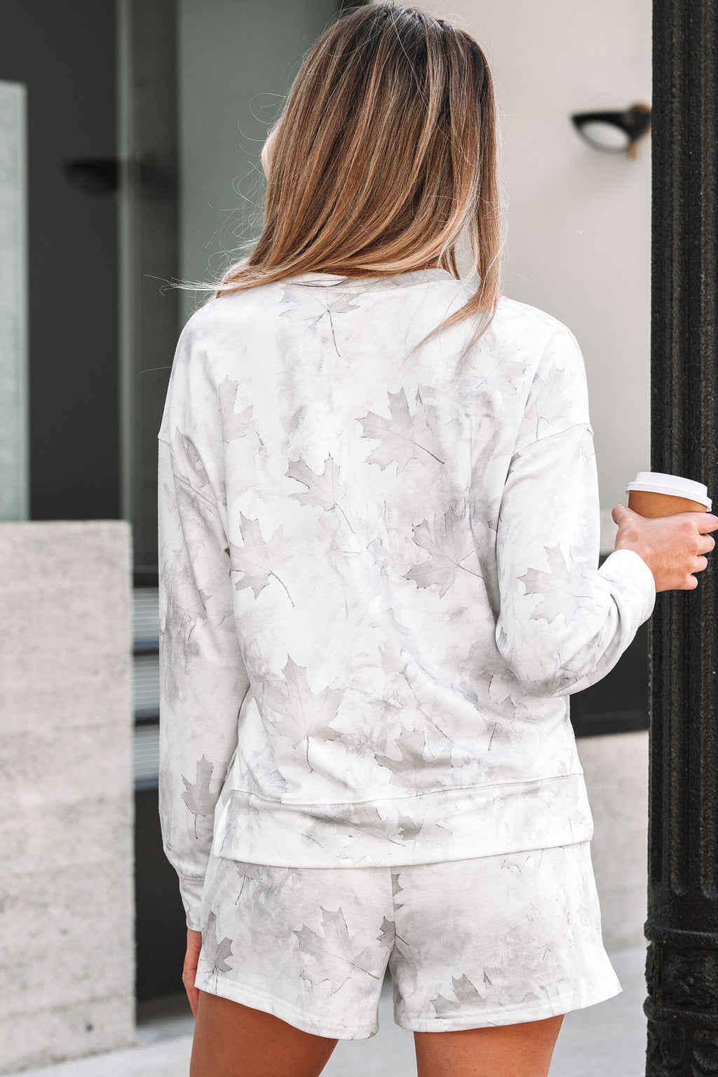 Beige Maple Camo Print Top and Elastic Casual Short Set