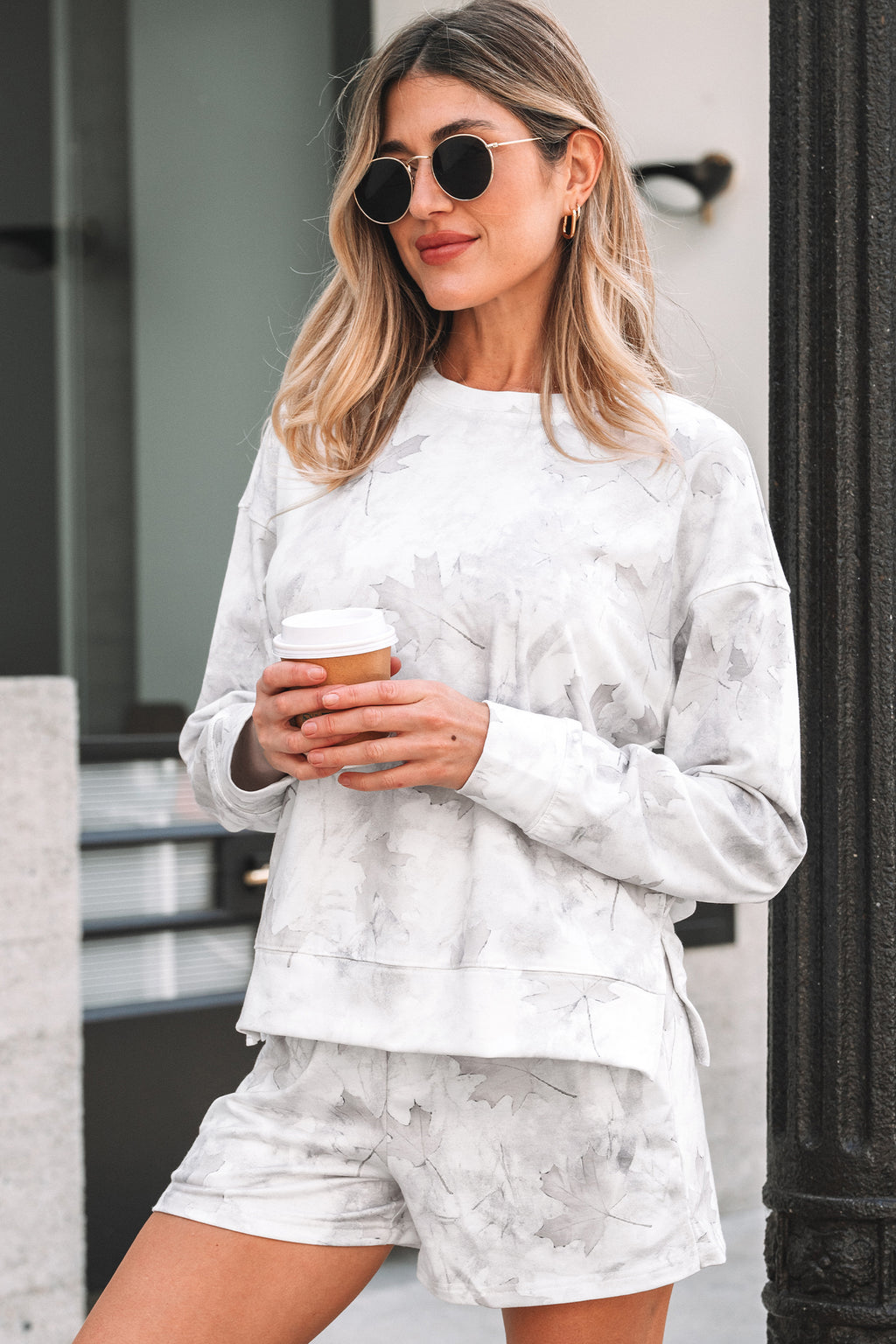 Beige Maple Camo Print Top and Elastic Casual Short Set