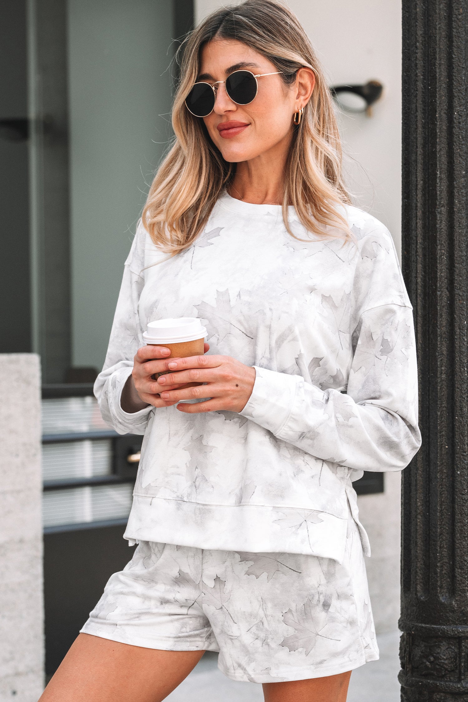 Beige Maple Camo Print Top and Elastic Casual Short Set