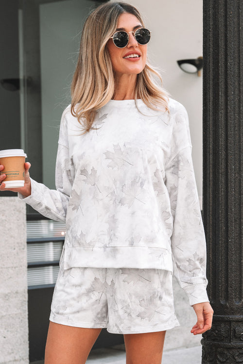 Beige Maple Camo Print Top and Elastic Casual Short Set