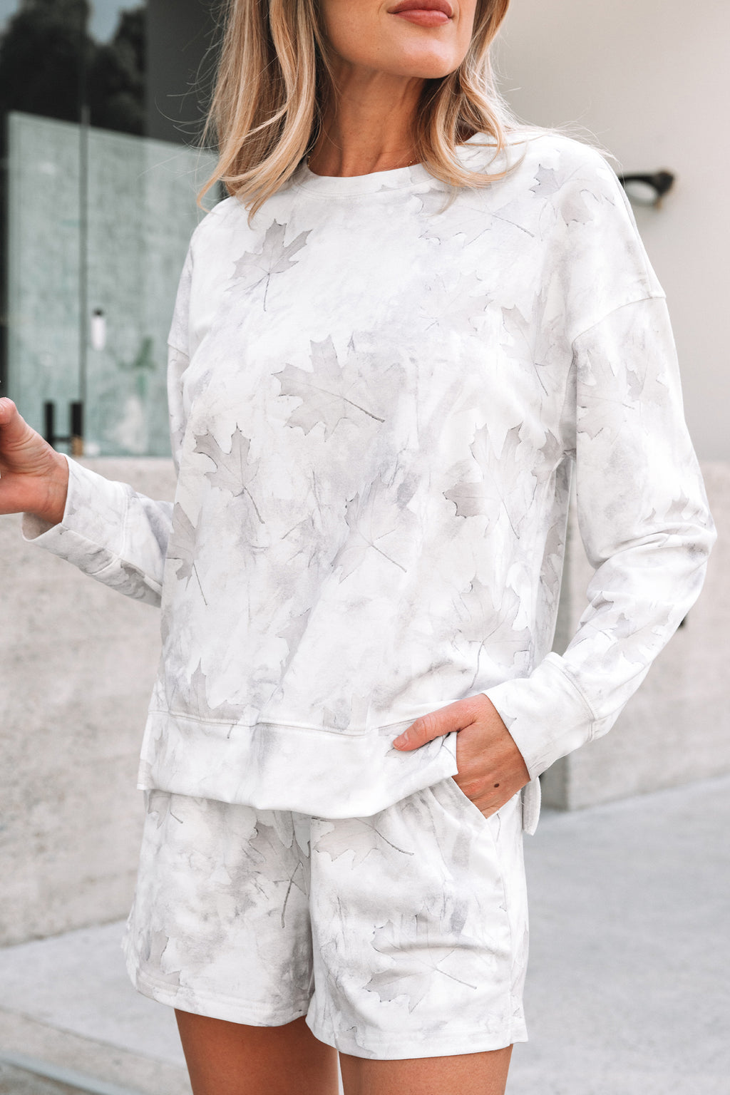 Beige Maple Camo Print Top and Elastic Casual Short Set