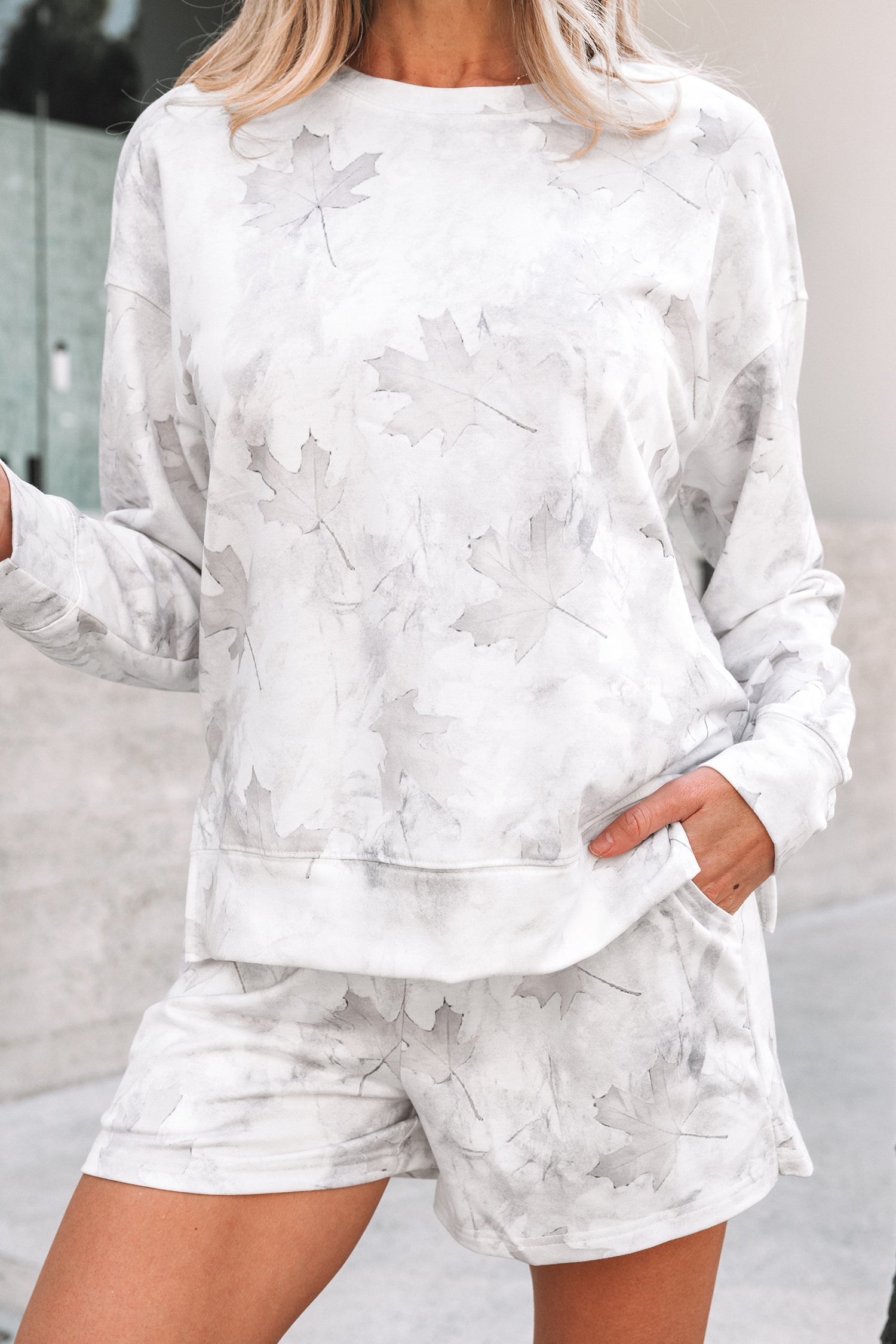 Beige Maple Camo Print Top and Elastic Casual Short Set