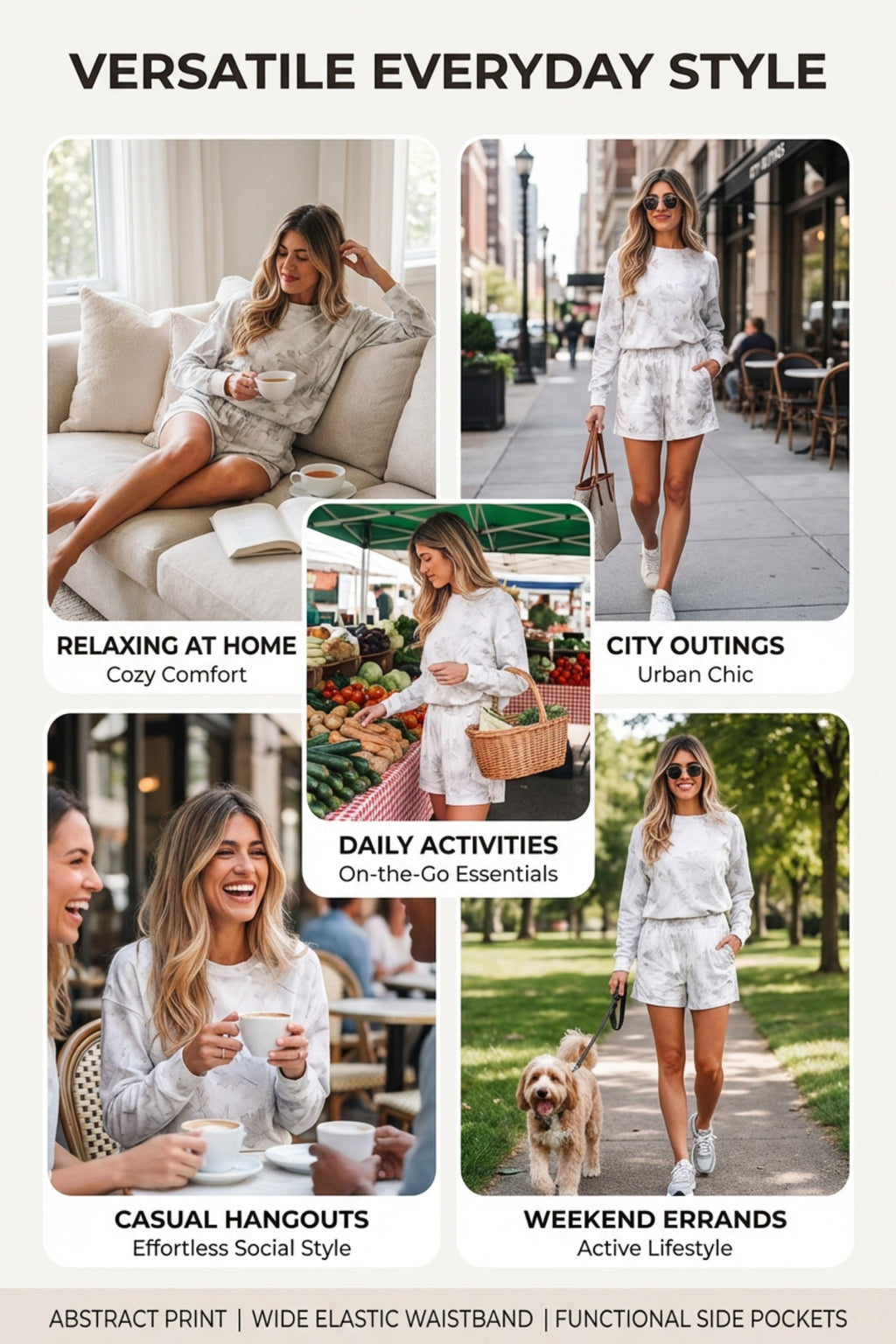 Beige Maple Camo Print Top and Elastic Casual Short Set