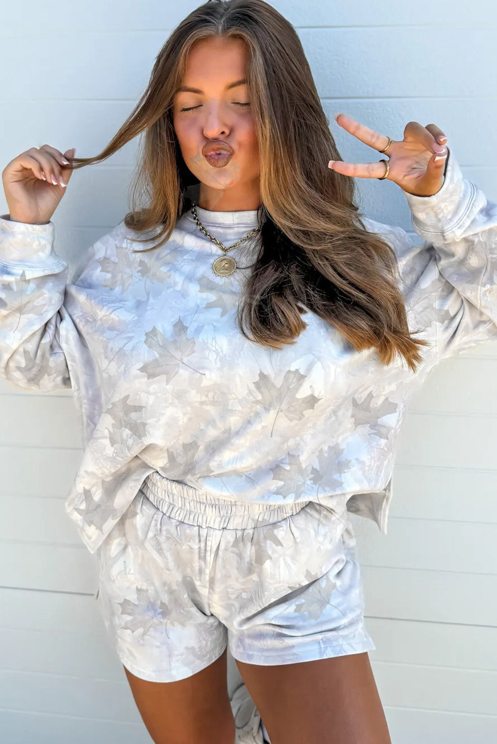 Beige Maple Camo Print Top and Elastic Casual Short Set