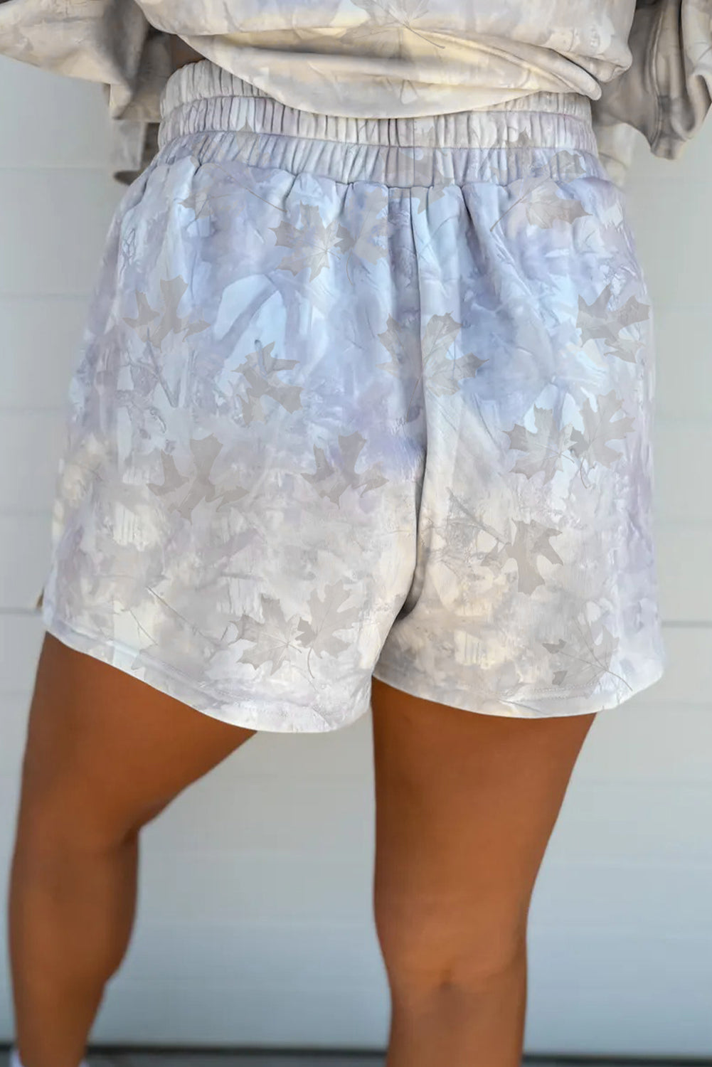 Beige Maple Camo Print Top and Elastic Casual Short Set