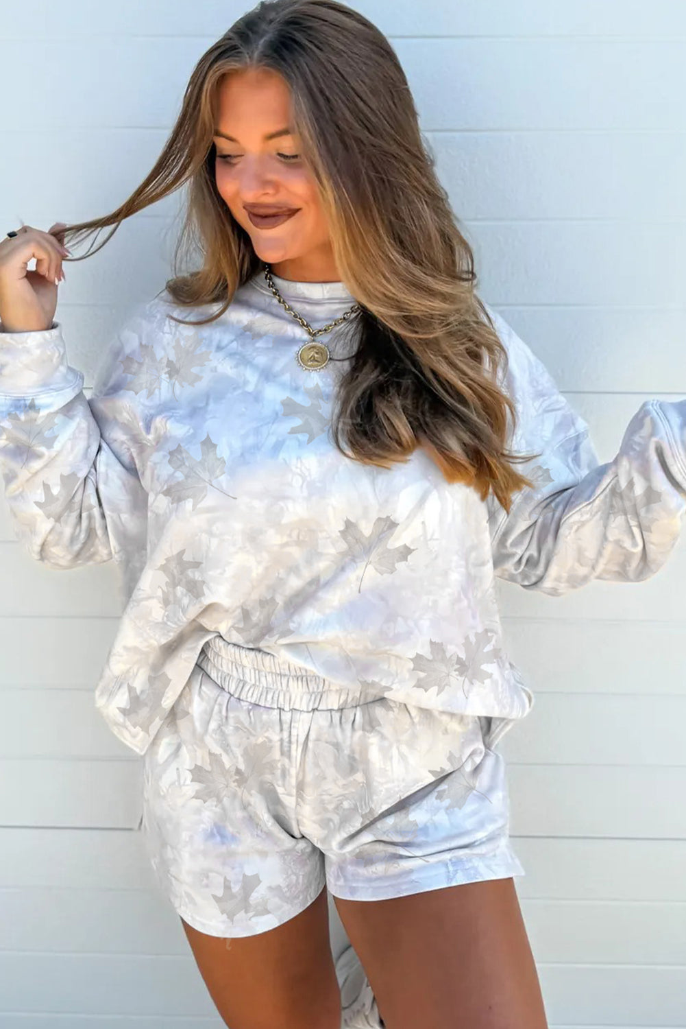 Beige Maple Camo Print Top and Elastic Casual Short Set