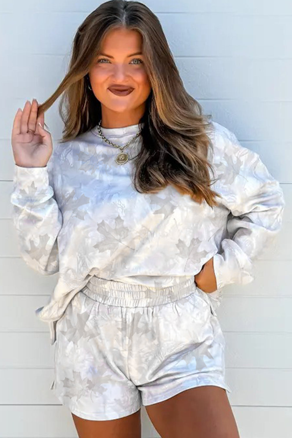 Beige Maple Camo Print Top and Elastic Casual Short Set