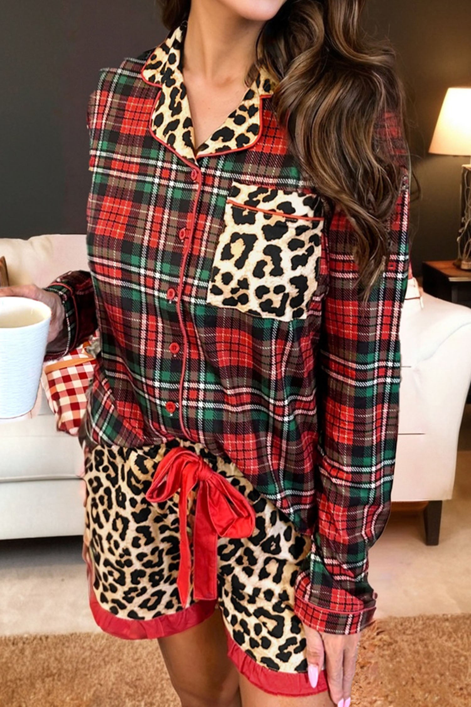 Plaid & Leopard Print Pajama Set