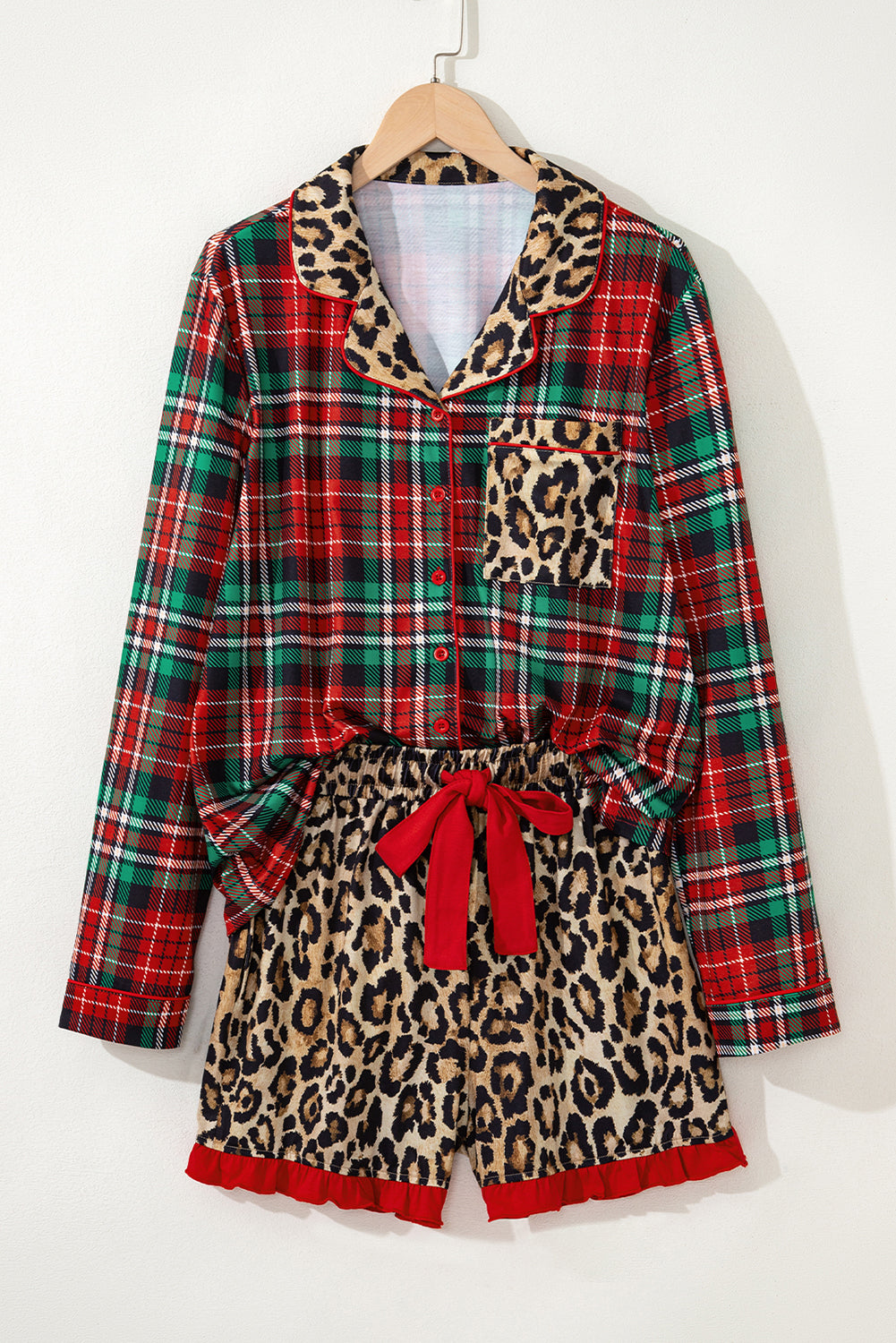 Plaid & Leopard Print Pajama Set