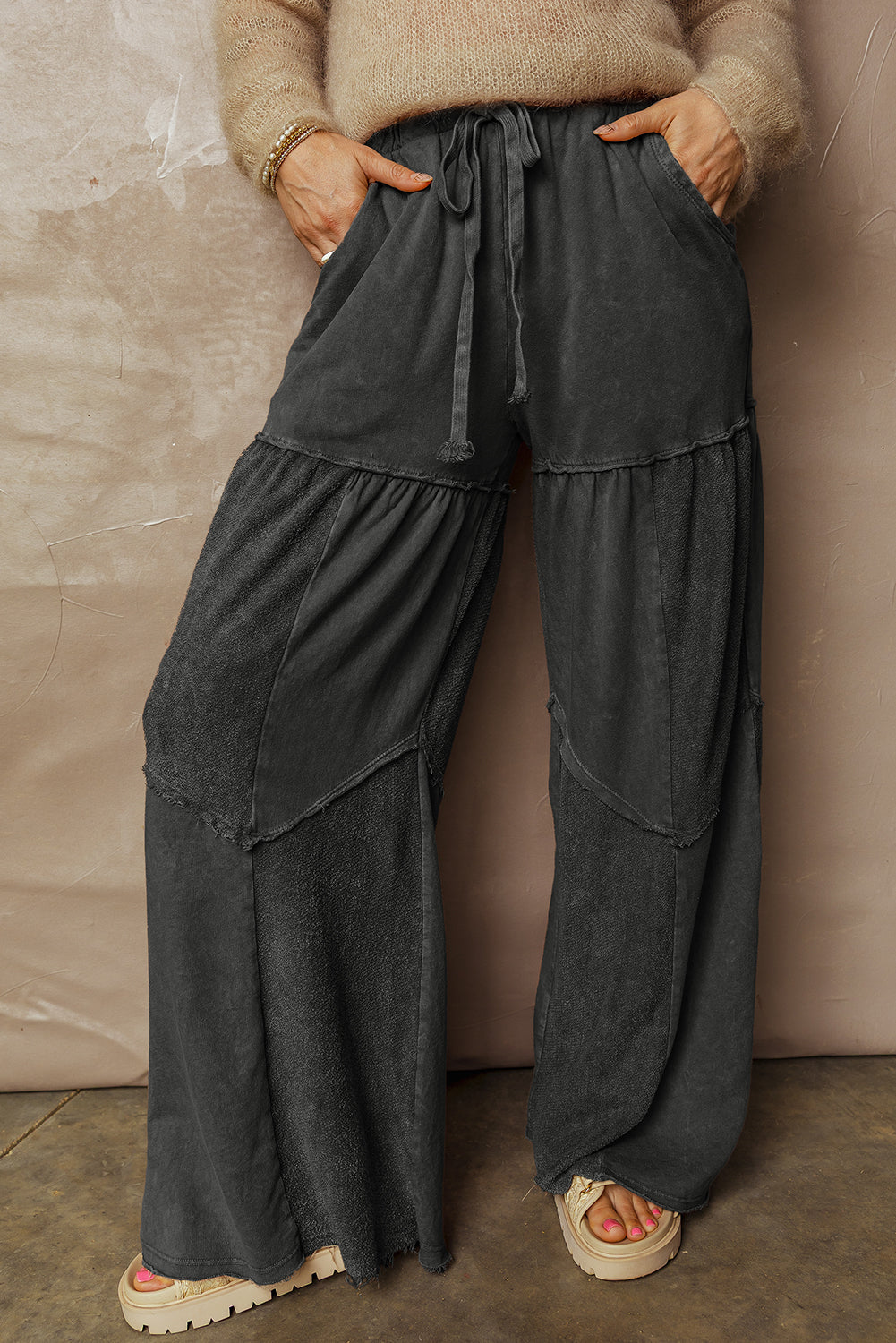 Mineral Washed Black Wide Leg Drawstring Pants