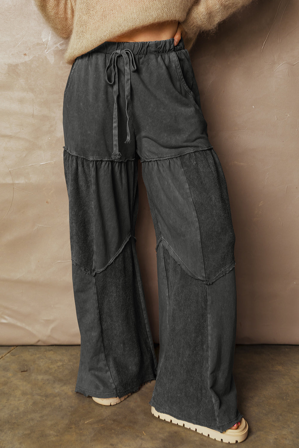 Mineral Washed Black Wide Leg Drawstring Pants