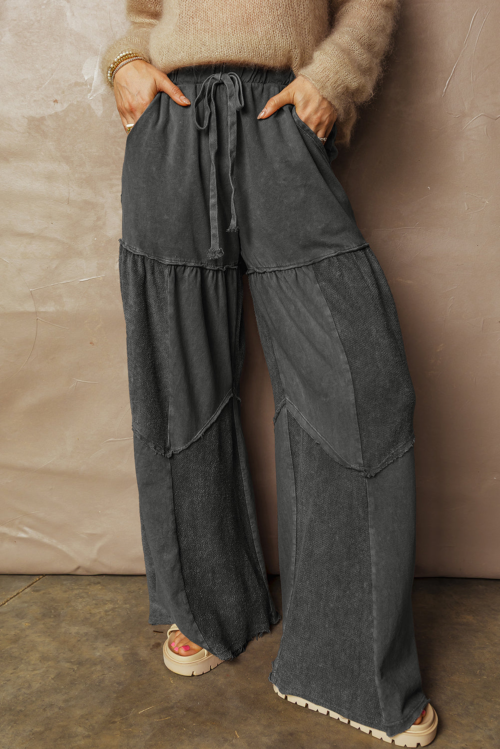 Mineral Washed Black Wide Leg Drawstring Pants